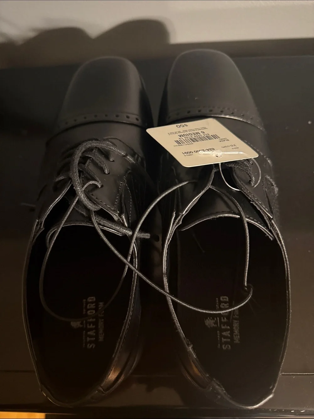 Stafford Black Boys Lace-Up Cap-Toe Dress Shoes